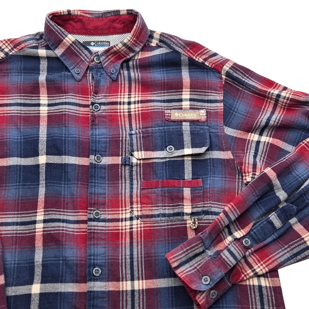 Columbia Vapor Ridge III PHG Shirt L/S Red Blue Plaid Flannel Vented Mens Medium